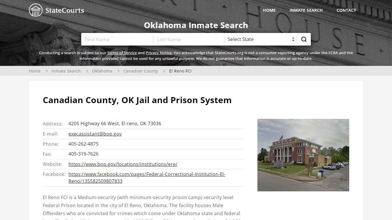 El Reno FCI Inmate Records Search, Oklahoma - StateCourts